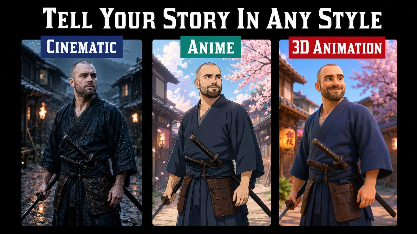 Tell your story in any style — cinematic, anime, 3D animation